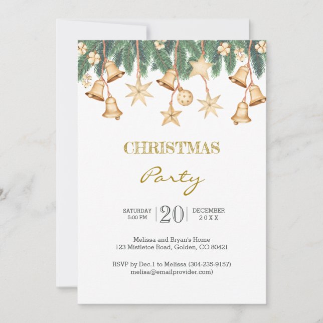 Gold Bells Stars Pine Christmas Party Invitation (Front)