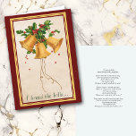 Gold Bells with Holly Longfellow Poem Vintage  Card<br><div class="desc">The front of this Holiday greeting card features a vintage image of three gold bells tied together and decorated with green holly leaves and red berries. At the bottom is text that says "I heard the bells... "The image is bordered in dark red with a gold and red frame. The...</div>