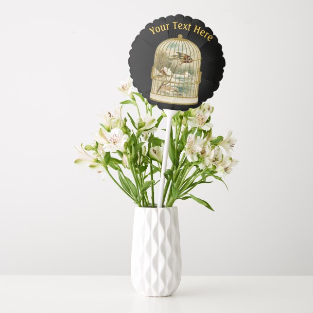 Gold Birdcage With Bird on Branch Cabin on Black Balloon (Vase)