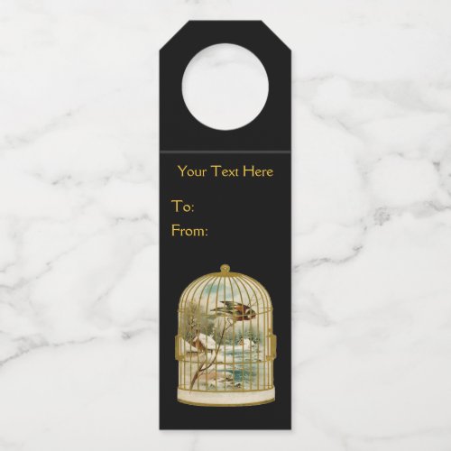 Gold Birdcage With Bird on Branch Winter Cabin  Bottle Hanger Tag