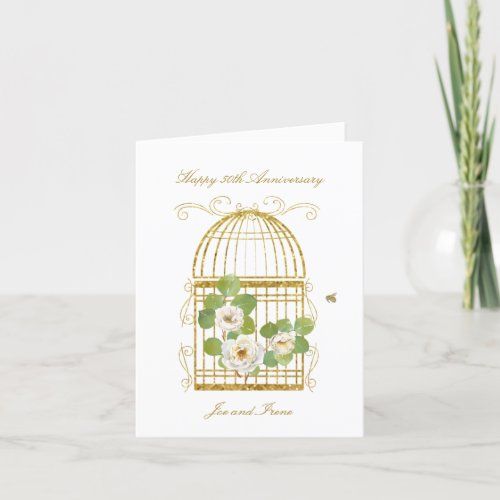 Gold Birdcage with White Roses Greeting Card