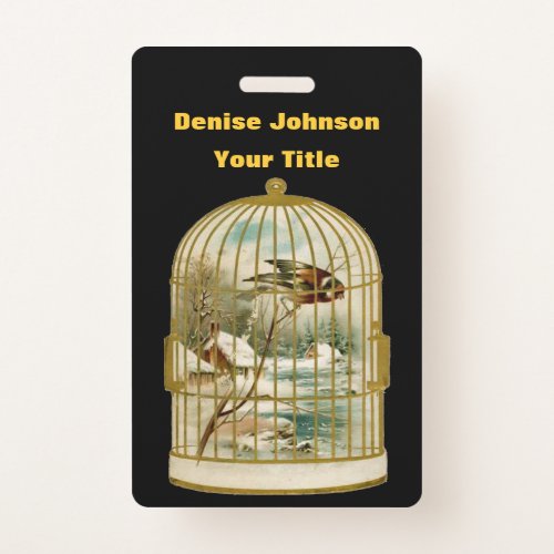 Gold Birdcage With Winter Cabin Scene Bird Black Badge