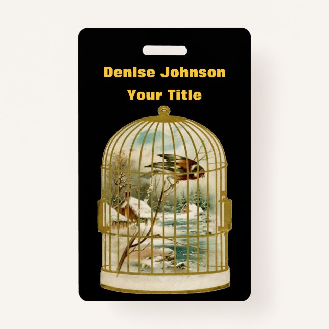 Gold Birdcage With Winter Cabin Scene Bird Black Badge (Front)