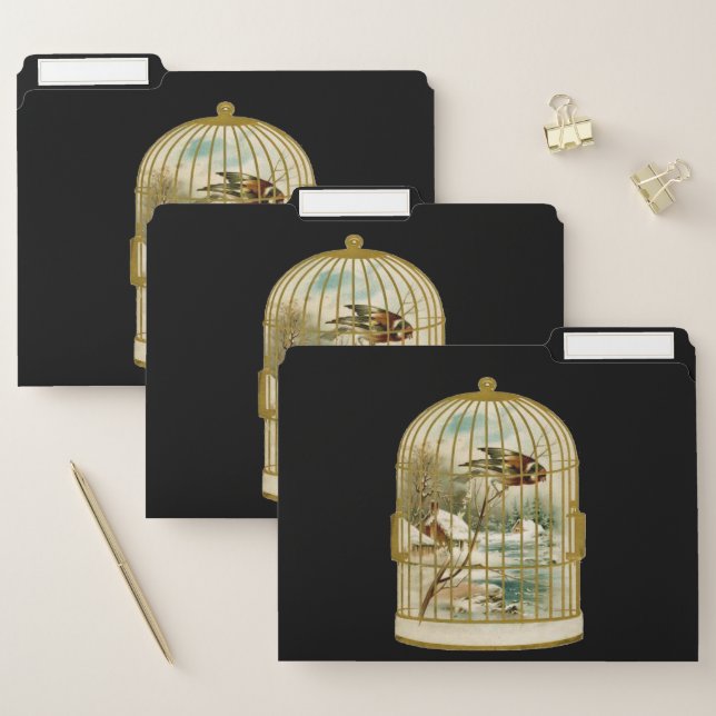 Gold Birdcage With Winter Scene Bird Inside Black File Folder (Set)