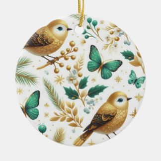 Gold Birds and Emerald Green Butterflies Ceramic Ornament