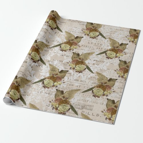 Gold Birds and Flowers over Newsprint Wrapping Paper