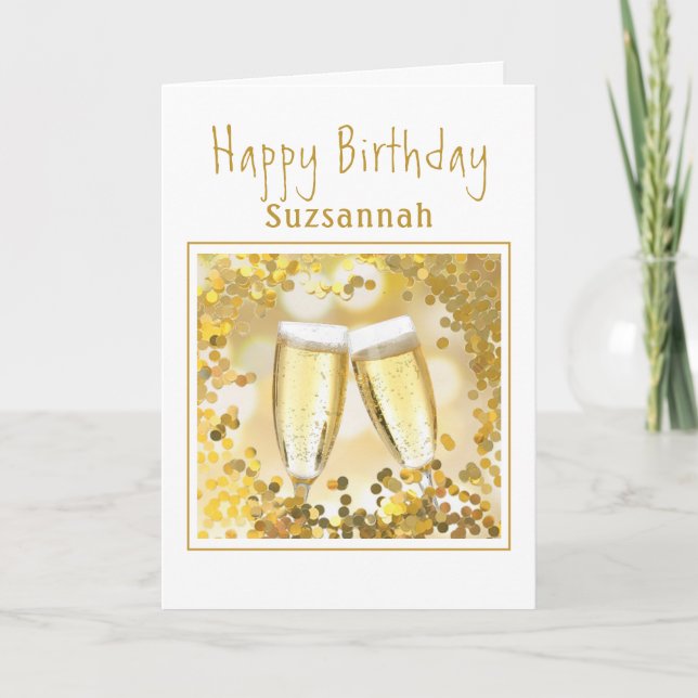 Gold Birthday Champagne Flutes Add Custom Photo Card (Front)