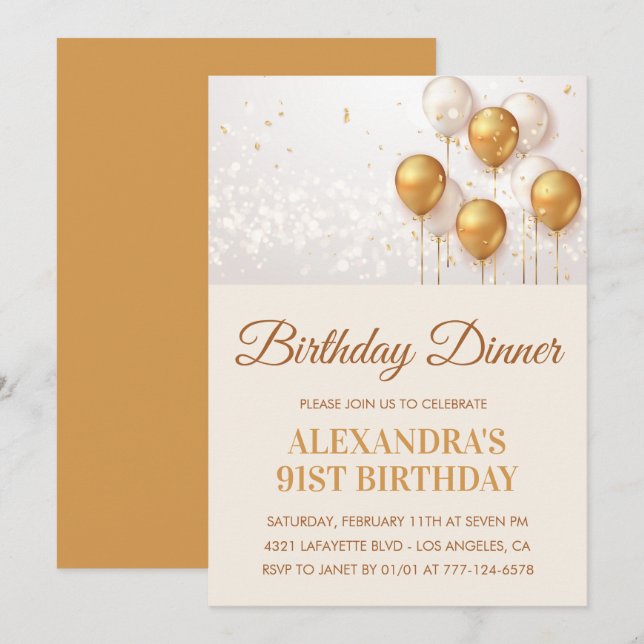 Gold Birthday Dinner 91st birthday invitation  (Front/Back)