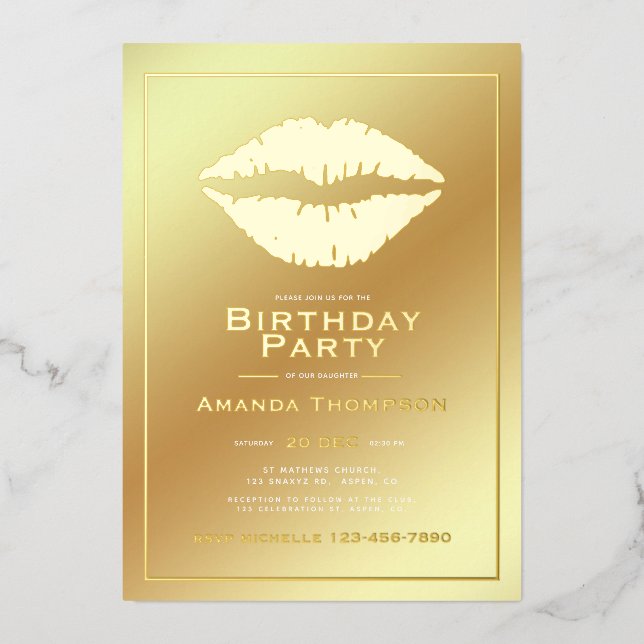 Gold Birthday Kiss Lips Foil Invitation (Front)