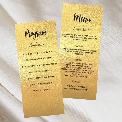 Gold birthday program dinner menu card