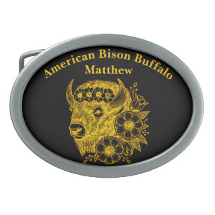 Gold Bison Adorned With Flowers and Foliage Belt Buckle