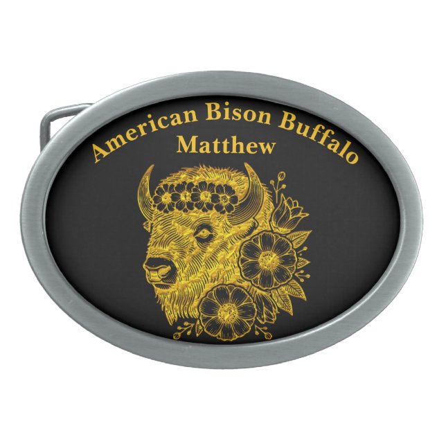 Gold Bison Adorned With Flowers and Foliage Belt Buckle (Front)