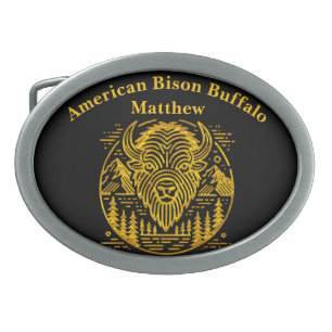 Gold Bison Amid Mountains and Trees Belt Buckle