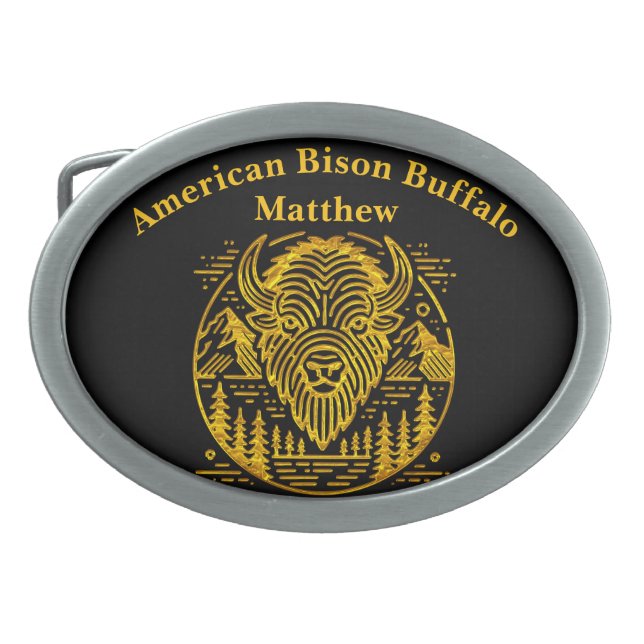 Gold Bison Amid Mountains and Trees Belt Buckle (Front)