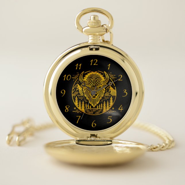 Gold Bison Amid Mountains and Trees Pocket Watch (Inside)