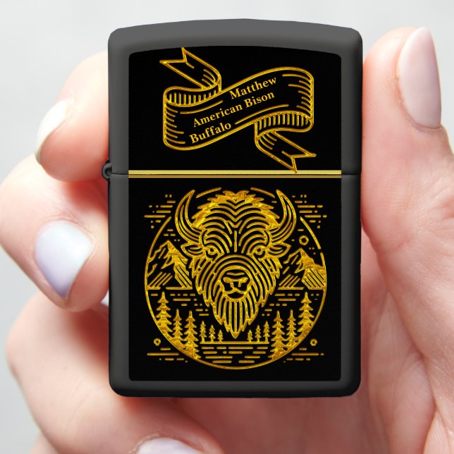 Gold Bison Amid Mountains and Trees Zippo Lighter (In Hand)