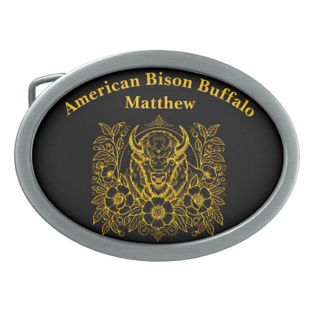 Gold Bison Among Flowers Belt Buckle (Front)