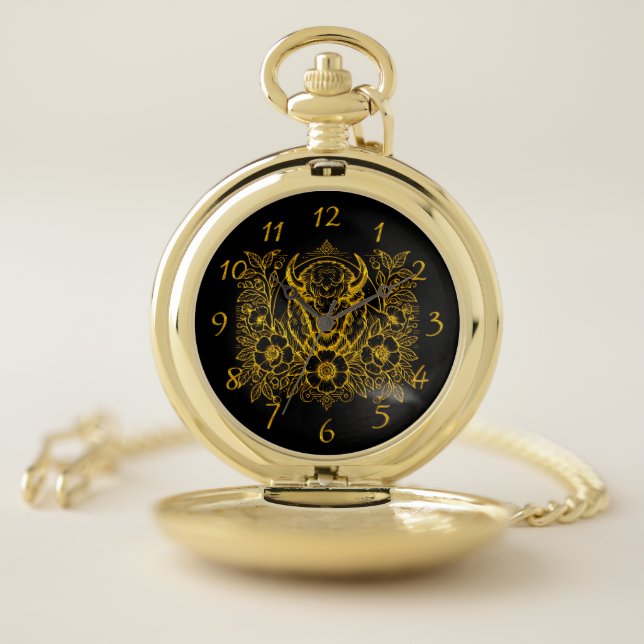 Gold Bison Among Flowers Pocket Watch (Inside)