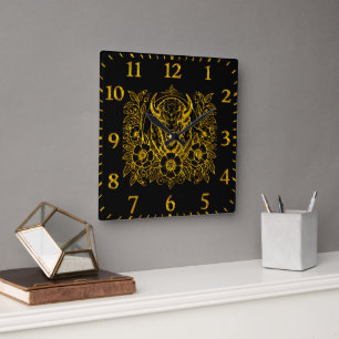 Gold Bison Among Flowers Square Wall Clock