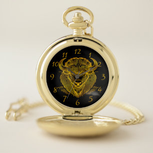 Gold Bison Buffalo Artwork With Intricate Design Pocket Watch