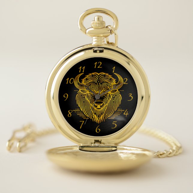 Gold Bison Buffalo Artwork With Intricate Design Pocket Watch (Inside)