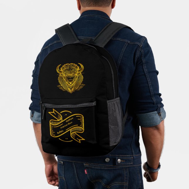 Gold Bison Buffalo Artwork With Intricate Design Printed Backpack (Insitu (Model))