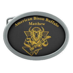 Gold Bison Buffalo Rocking out on Guitar Belt Buckle