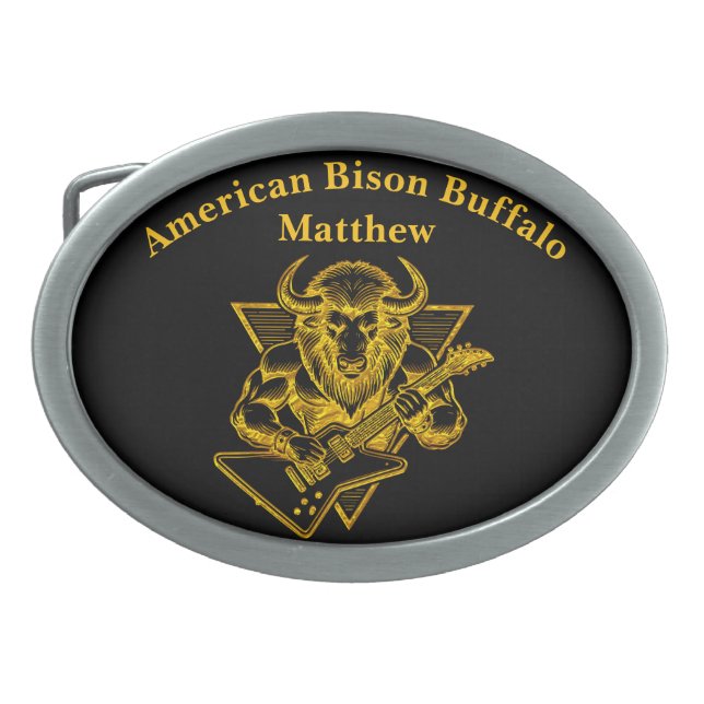 Gold Bison Buffalo Rocking out on Guitar Belt Buckle (Front)