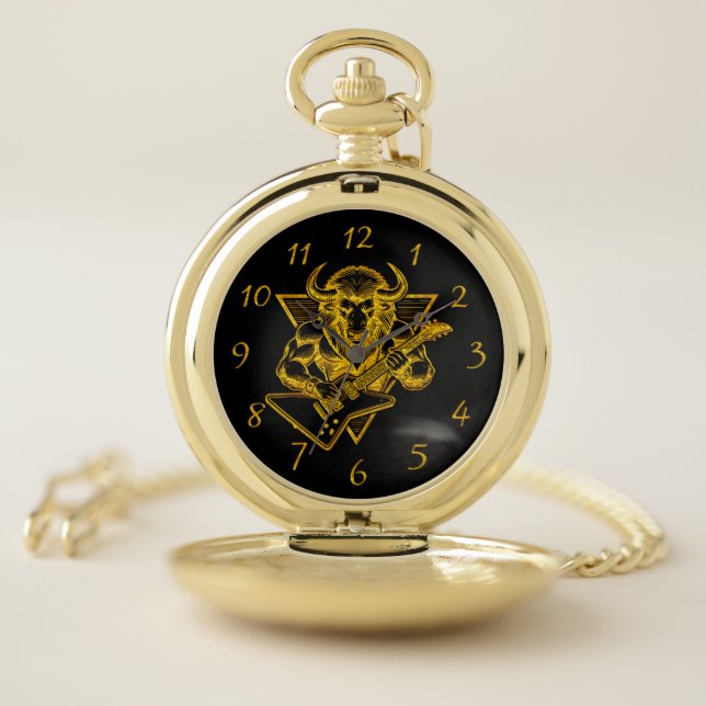 Gold Bison Buffalo Rocking out on Guitar Pocket Watch (Inside)
