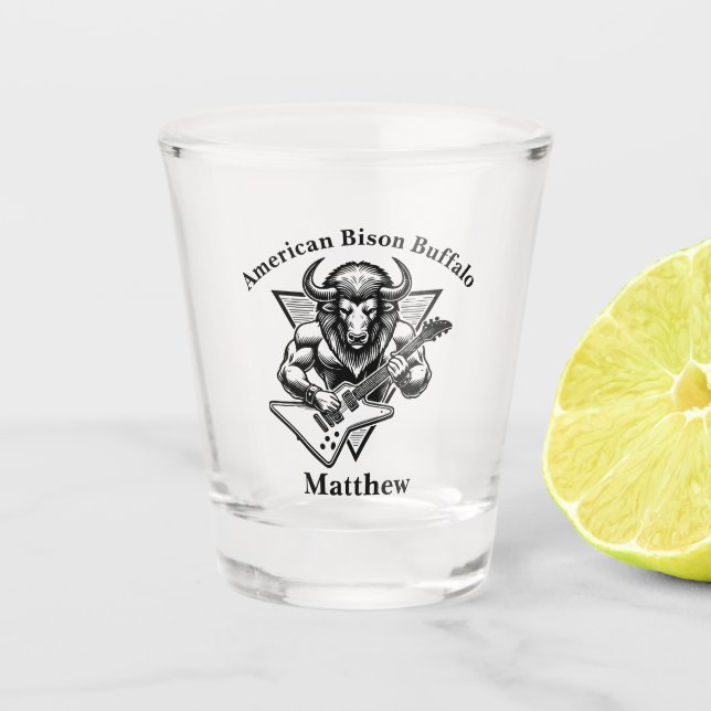 Gold Bison Buffalo Rocking out on Guitar Shot Glass (Front)