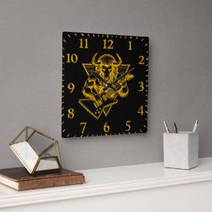 Gold Bison Buffalo Rocking out on Guitar Square Wall Clock
