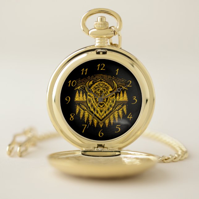 Gold Bison Head With Mountains and Trees Pocket Watch (Inside)