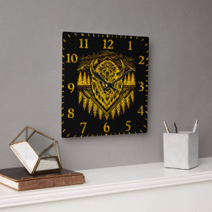 Gold Bison Head With Mountains and Trees Square Wall Clock