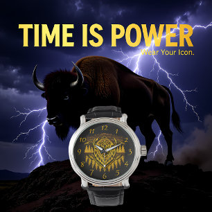 Gold Bison Head With Mountains and Trees Watch