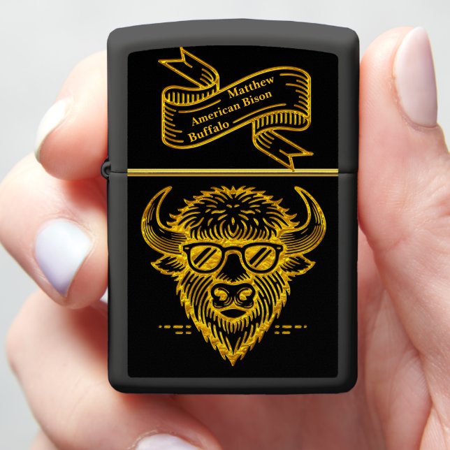 Gold Bison Head With Mountains and Trees Zippo Lighter (In Hand)