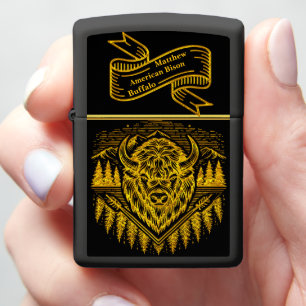 Gold Bison Head With Mountains and Trees Zippo Lighter