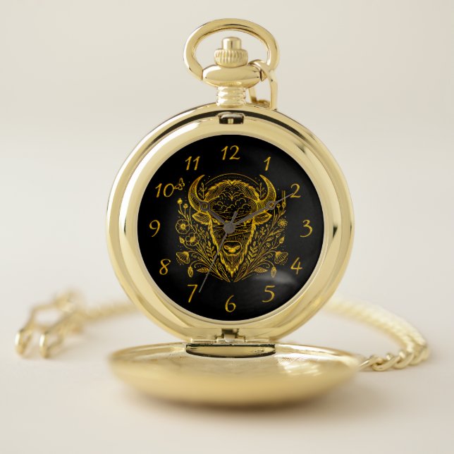 Gold Bison Illustration Surrounded by Nature Pocket Watch (Inside)