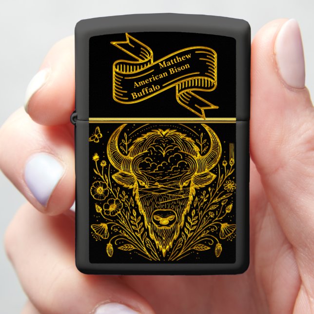 Gold Bison Illustration Surrounded by Nature r Zippo Lighter (In Hand)