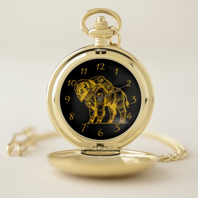 Gold Bison in Astronaut Suit Exploring Space Pocket Watch (Inside)