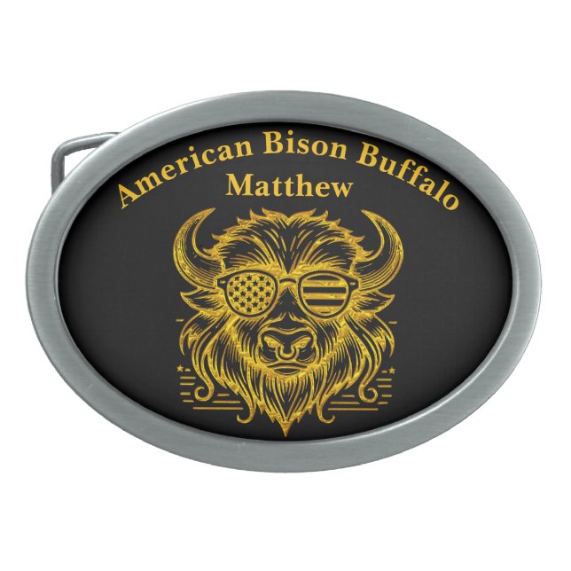 Gold Bison in Sunglasses Illustration Belt Buckle (Front)