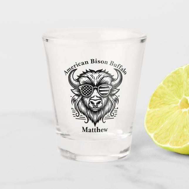 Gold Bison in Sunglasses Illustration Shot Glass (Front)