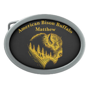 Gold Bison Portrait With Forest Silhouette Design Belt Buckle