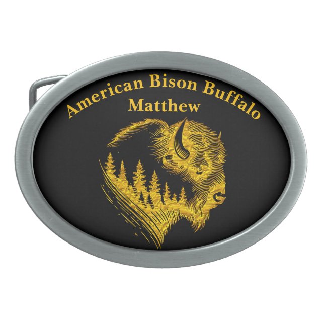 Gold Bison Portrait With Forest Silhouette Design Belt Buckle (Front)