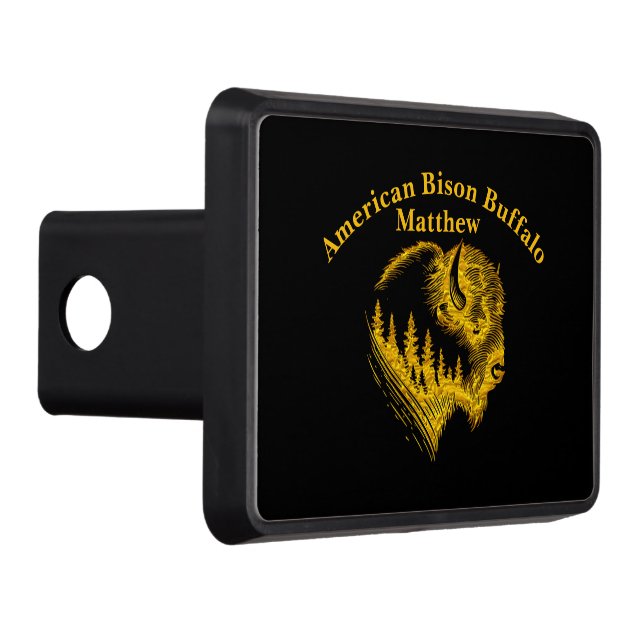 Gold Bison Portrait With Forest Silhouette Design Hitch Cover (Right)