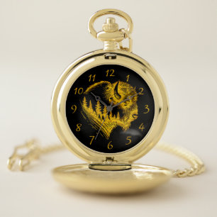 Gold Bison Portrait With Forest Silhouette Design Pocket Watch