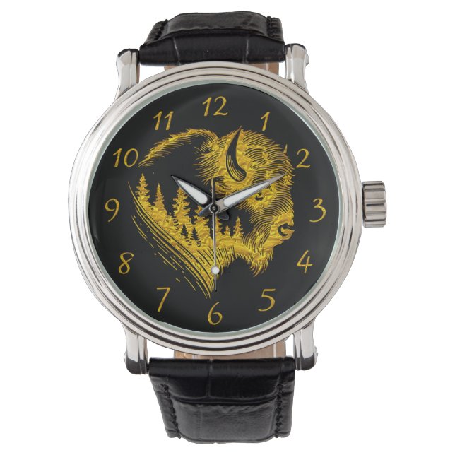 Gold Bison Portrait With Forest Silhouette Design Watch (Front)