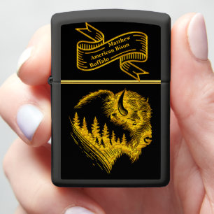 Gold Bison Portrait With Forest Silhouette Design Zippo Lighter