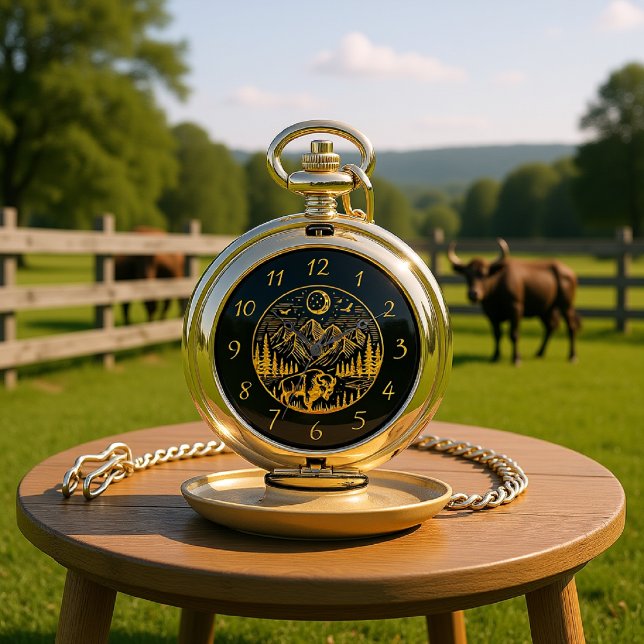 Gold Bison Roaming Under a Moonlit Mountain Sky Pocket Watch (Creator Uploaded)