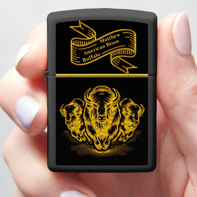 Gold Bison Stampede in a Wild Prairie Setting Zippo Lighter (In Hand)