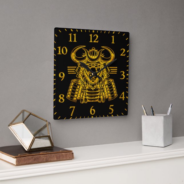 Gold Bison Warrior Design in Samurai Armor  Square Wall Clock (Office)